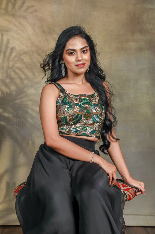 Zoya Embroidered Spaghetti Top with Flared Organza Palazzo Set