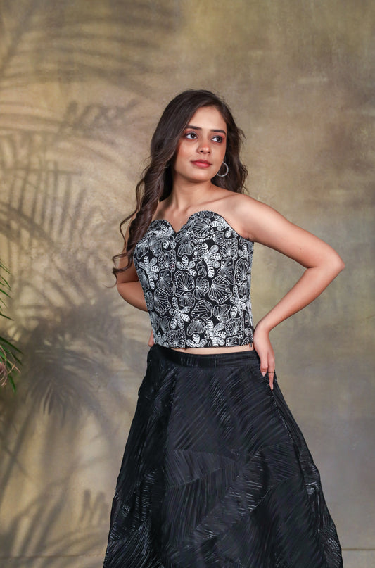 Zoya Thread Embroidered Corset Top with Self-Crush Skirt Set