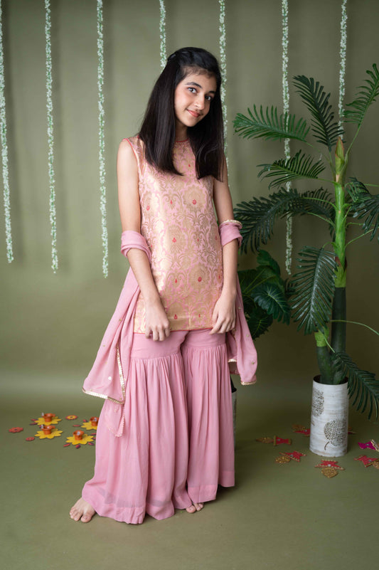 Pink Brocade Embroidered Kurta with Garara Set