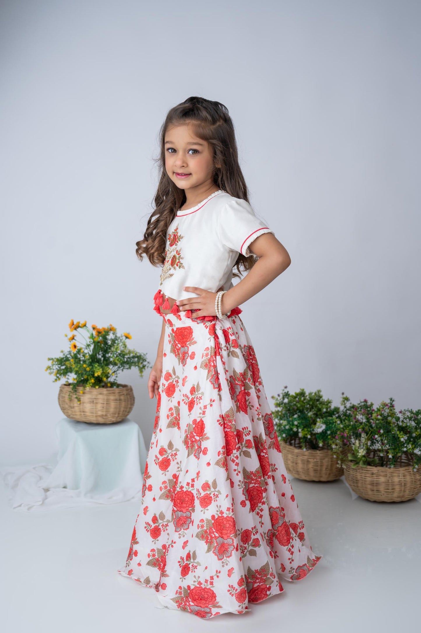 Red & Ivory Hand-Embroidered Chanderi Top with Floral Skirt