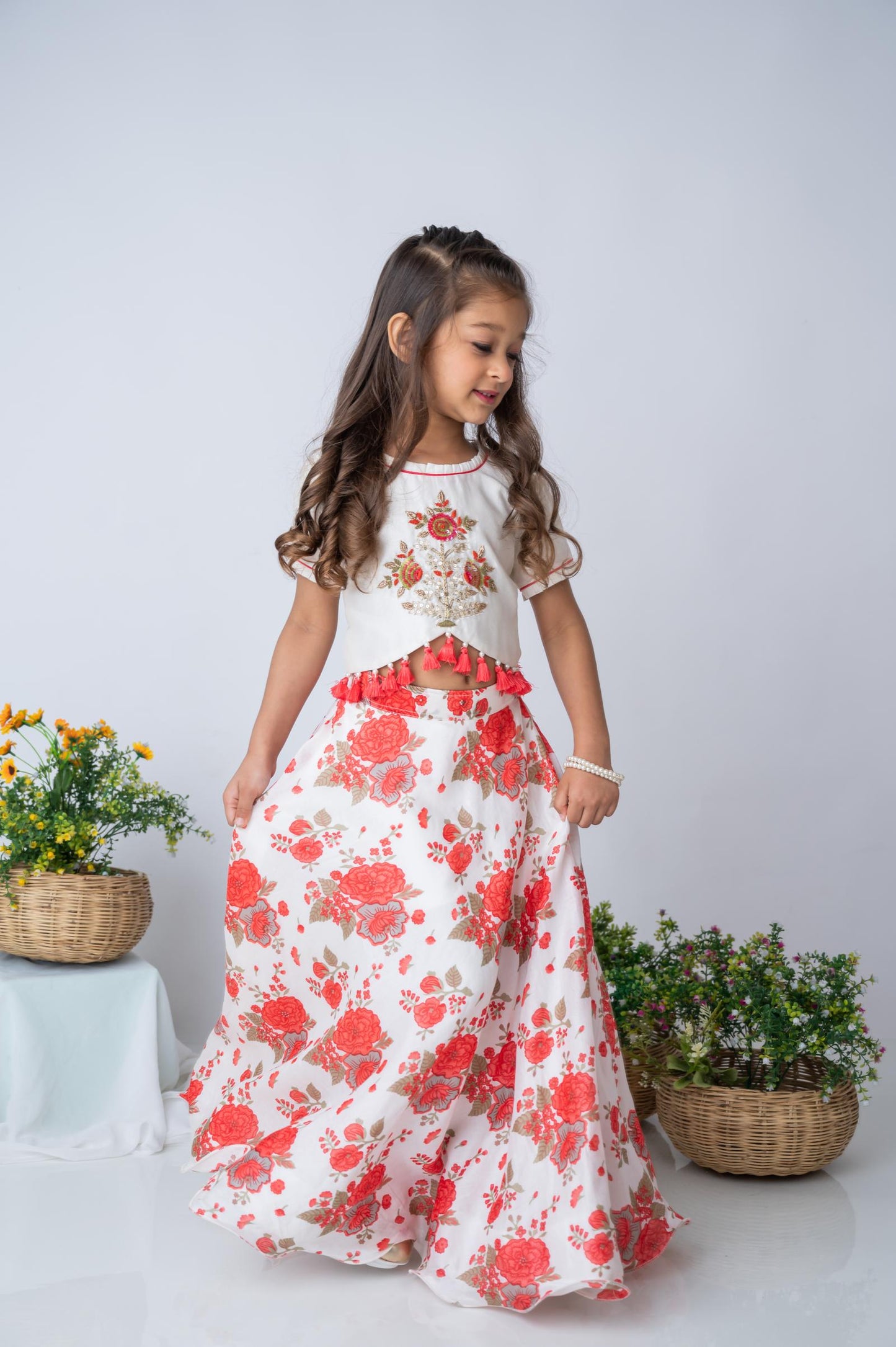 Red & Ivory Hand-Embroidered Chanderi Top with Floral Skirt