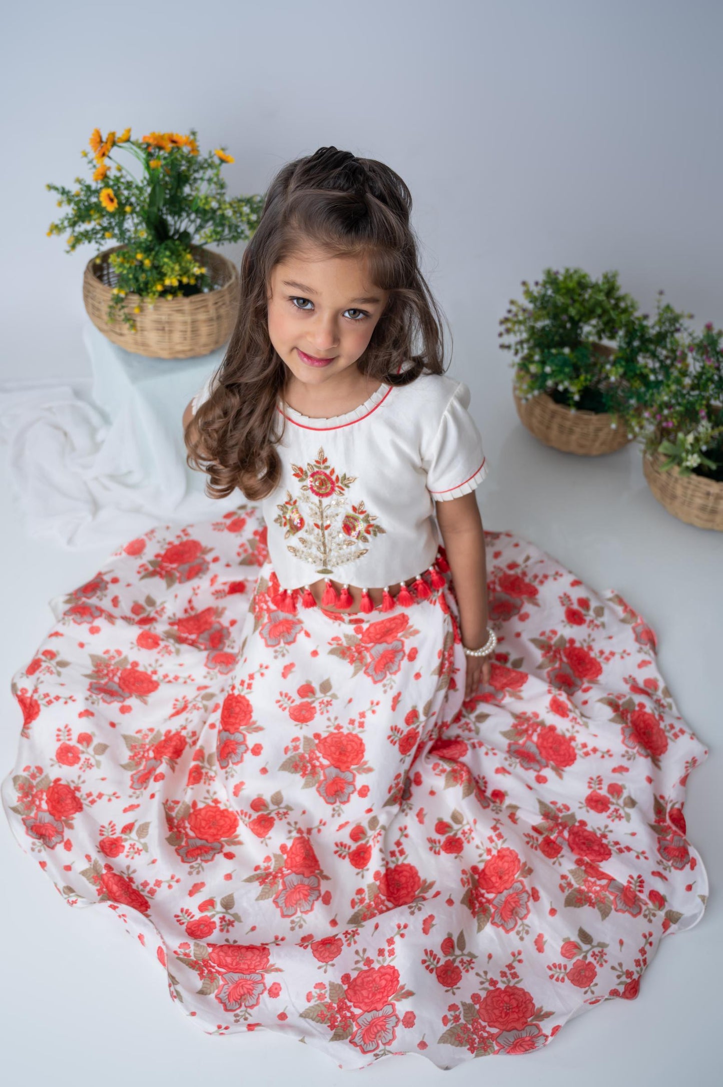 Red & Ivory Hand-Embroidered Chanderi Top with Floral Skirt