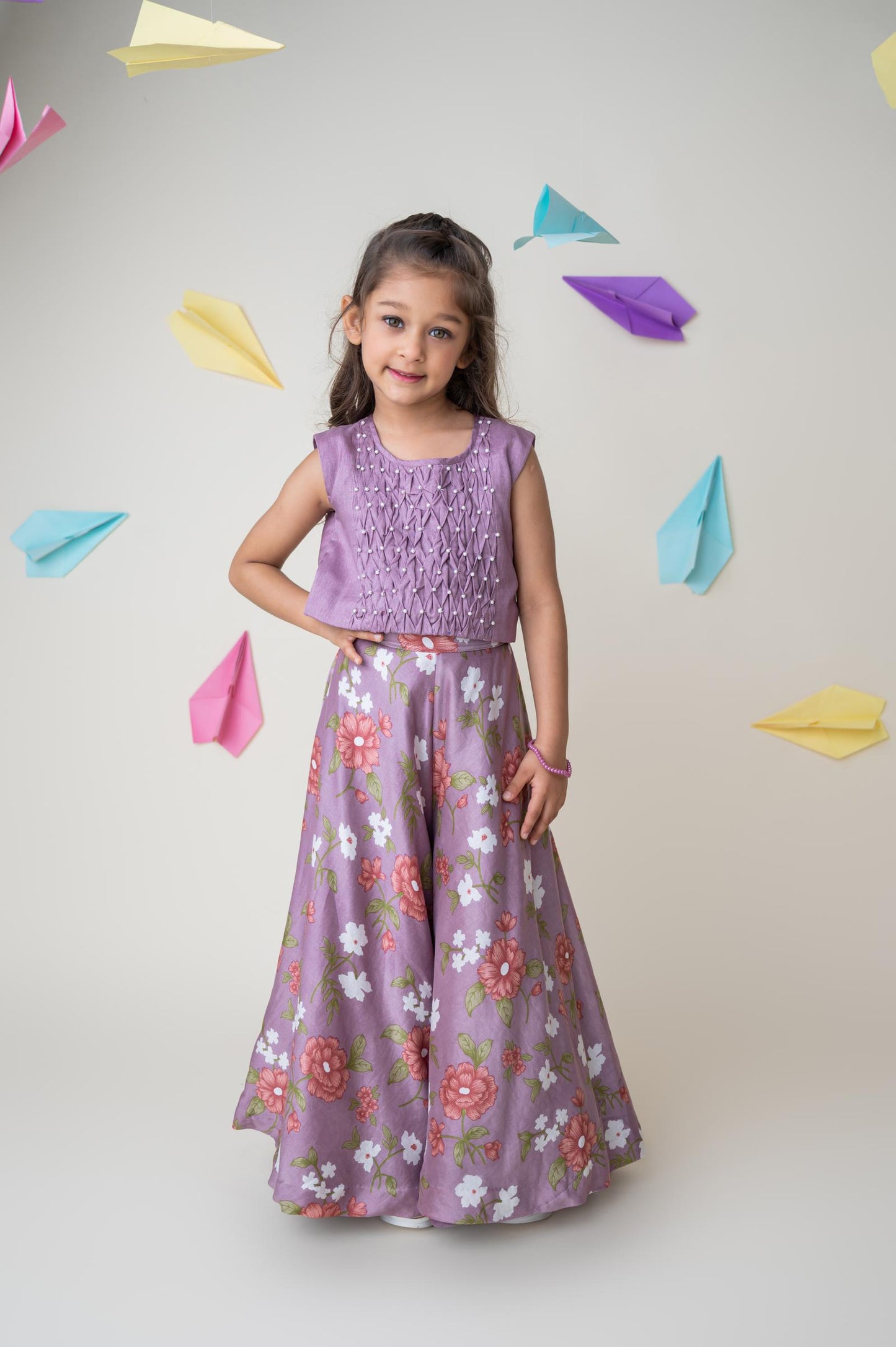 Lavender Smocked Chanderi Silk Top with Floral Palazzo