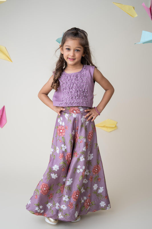 Lavender Smocked Chanderi Silk Top with Floral Palazzo
