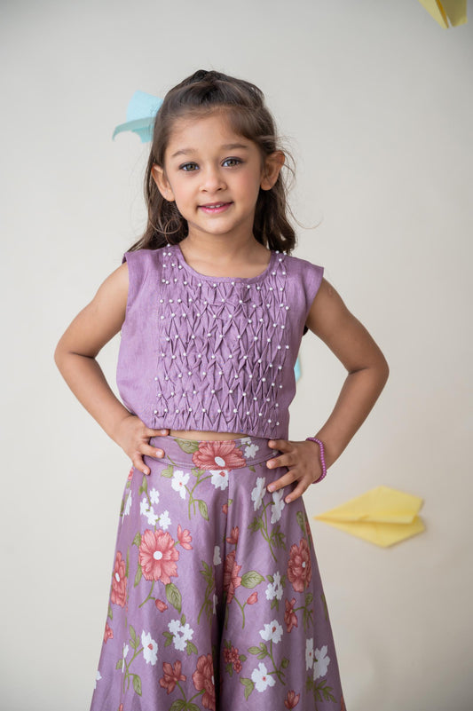 Lavender Smocked Chanderi Silk Top with Floral Palazzo