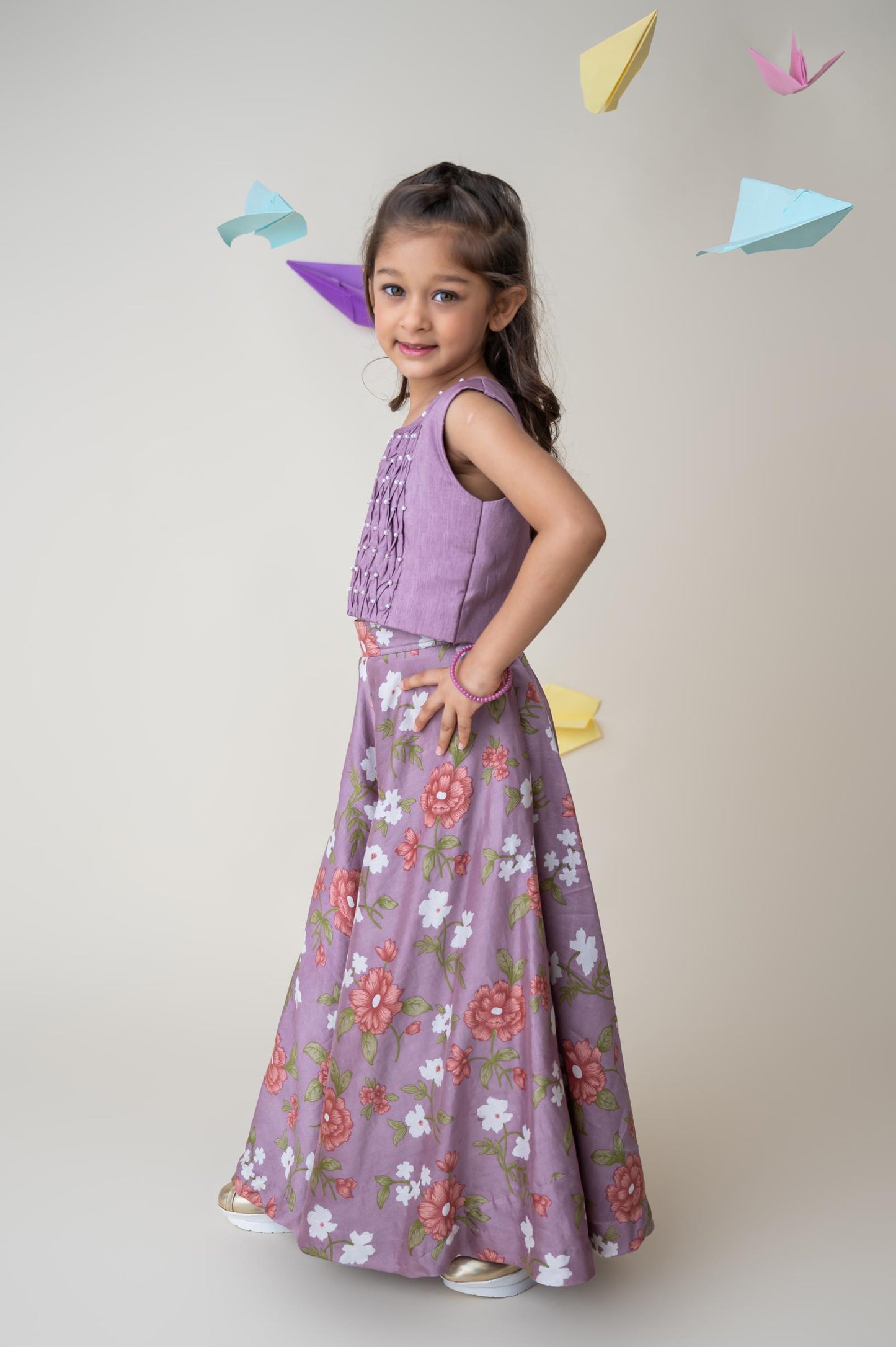 Lavender Smocked Chanderi Silk Top with Floral Palazzo