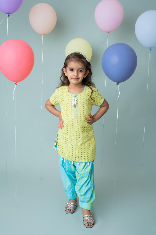 Lime Green Hakoba Kurti with Batik Patiala Set