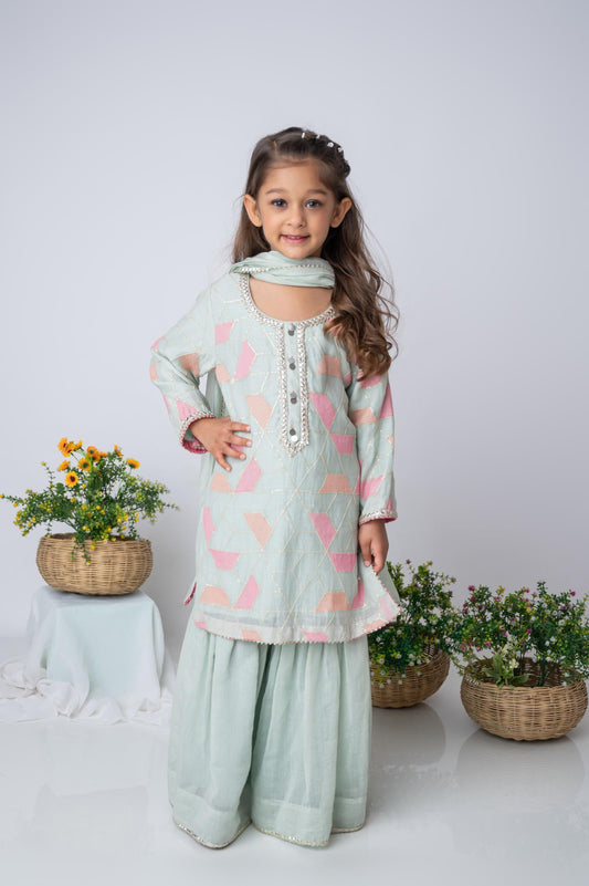 Mint Green Mul Chanderi Mirror Lace Kurti Set