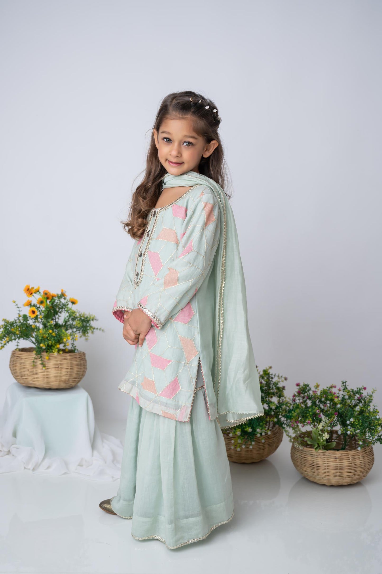 Mint Green Mul Chanderi Mirror Lace Kurti Set
