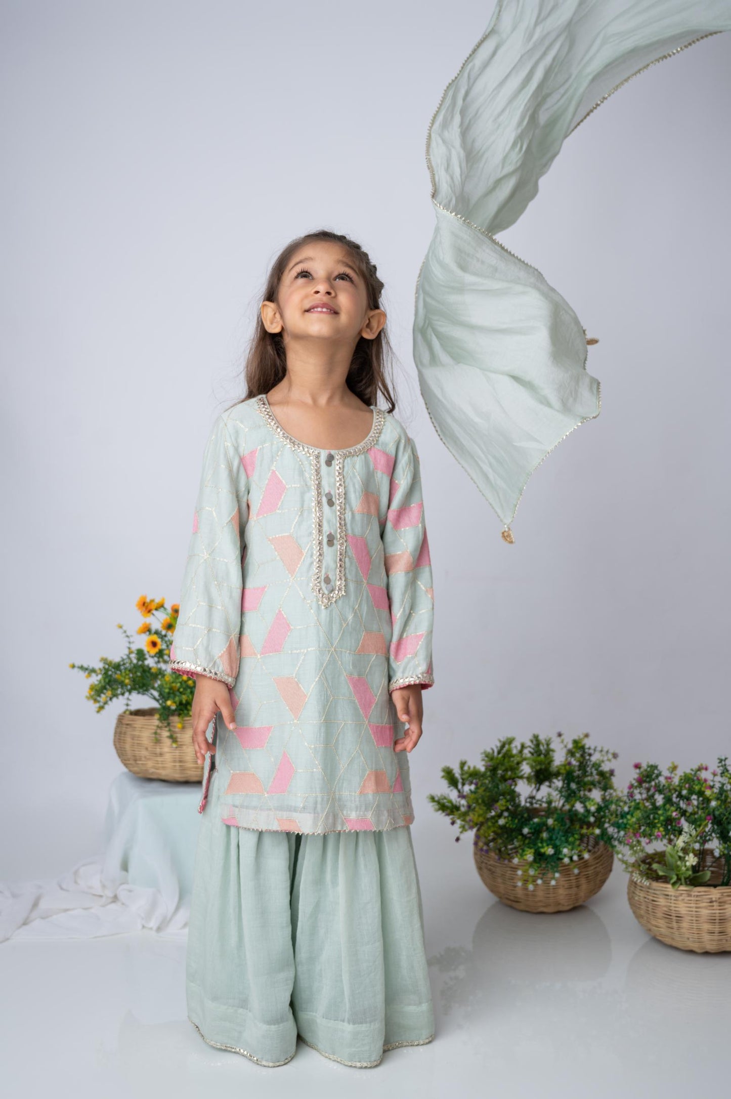 Mint Green Mul Chanderi Mirror Lace Kurti Set