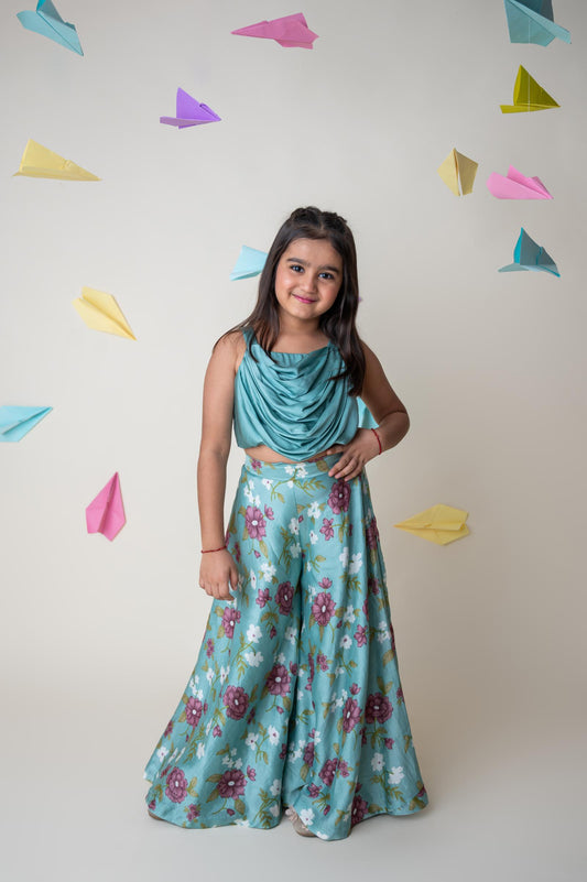 Aqua Blue Chanderi Silk Drape Top with Floral Palazzo