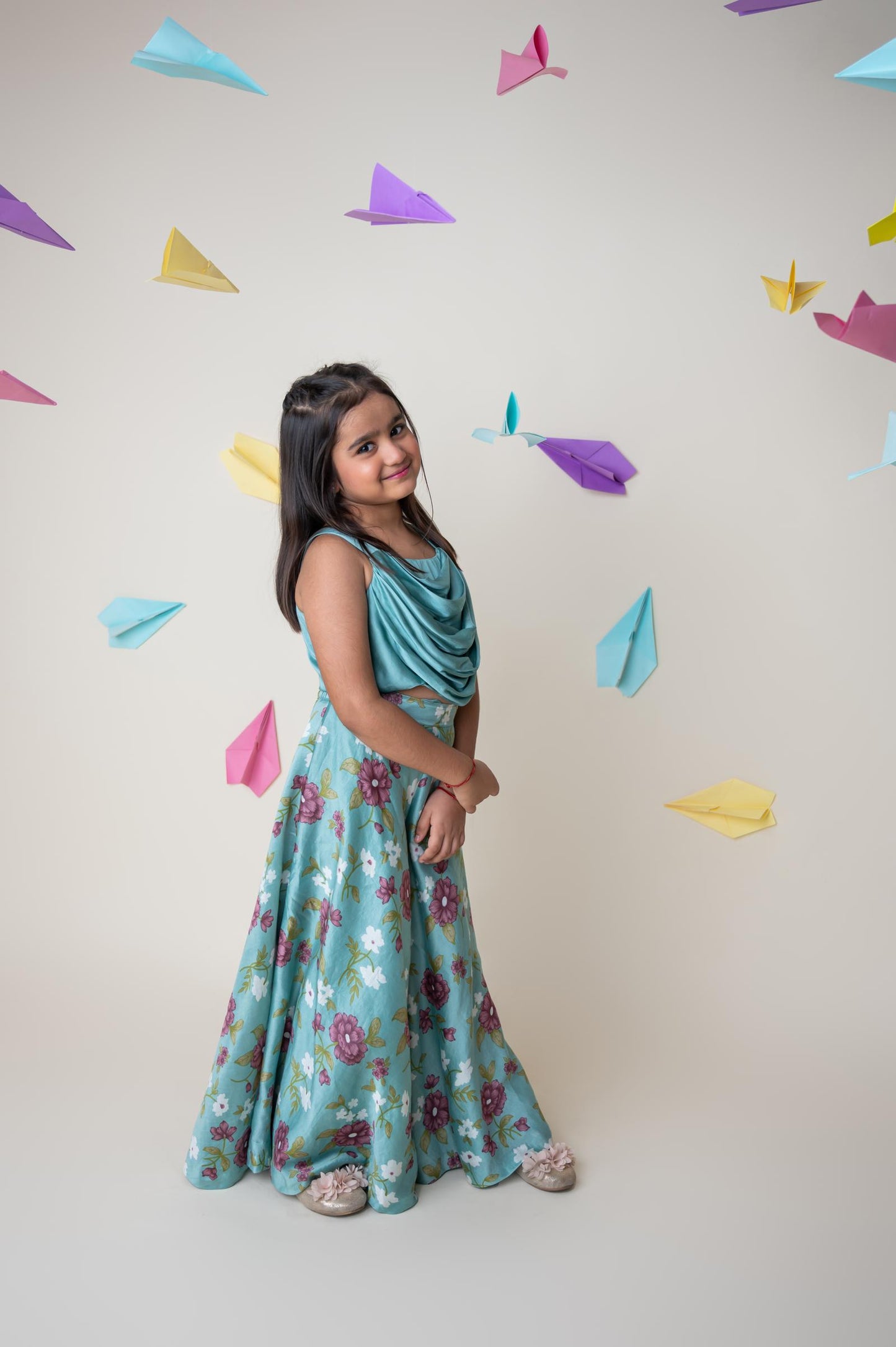 Aqua Blue Chanderi Silk Drape Top with Floral Palazzo