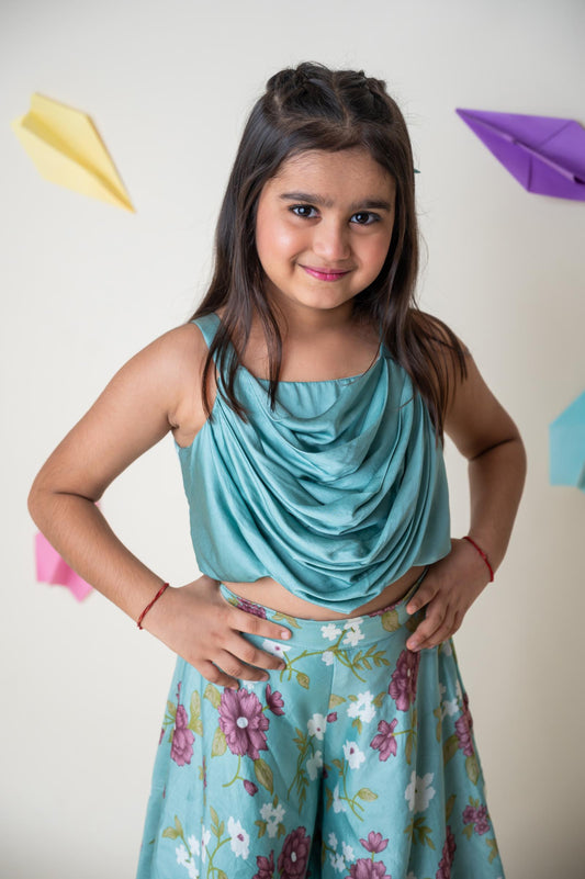 Aqua Blue Chanderi Silk Drape Top with Floral Palazzo