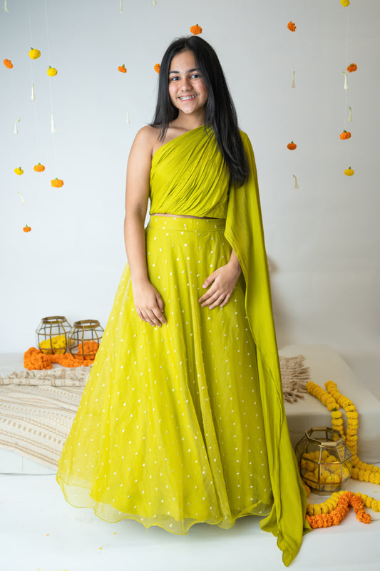 Green One-Shoulder Chinon Chiffon & Organza Skirt Set