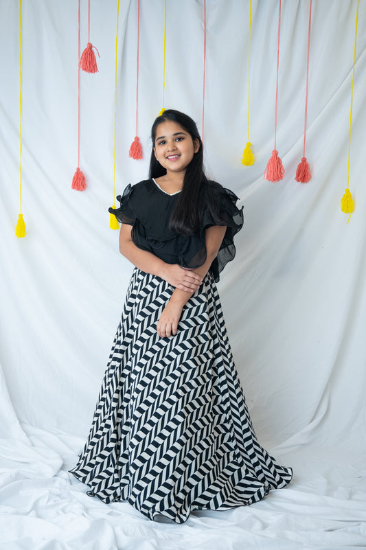 Black & White Organza Frill Ghagra Set