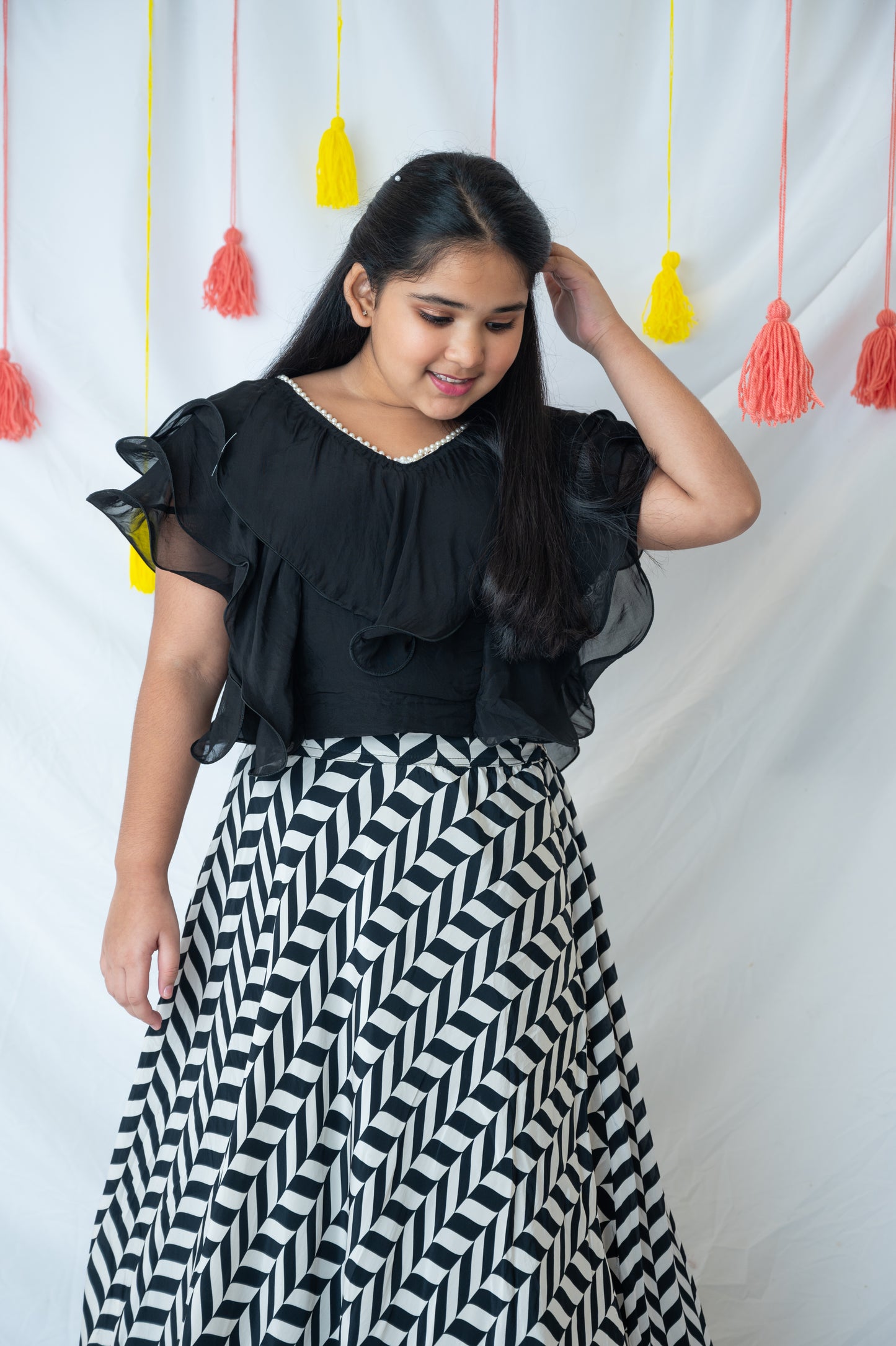 Black & White Organza Frill Ghagra Set