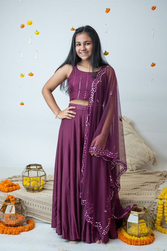 Vine Muslin Mirror Work Set with Palazzo and Dupatta