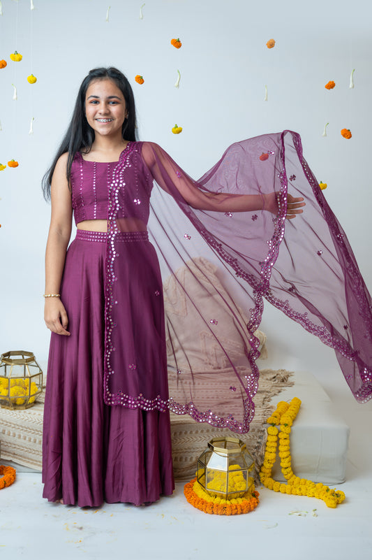Vine Muslin Mirror Work Set with Palazzo and Dupatta
