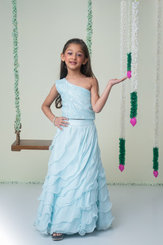 Ice Blue One-Shoulder Ghagra