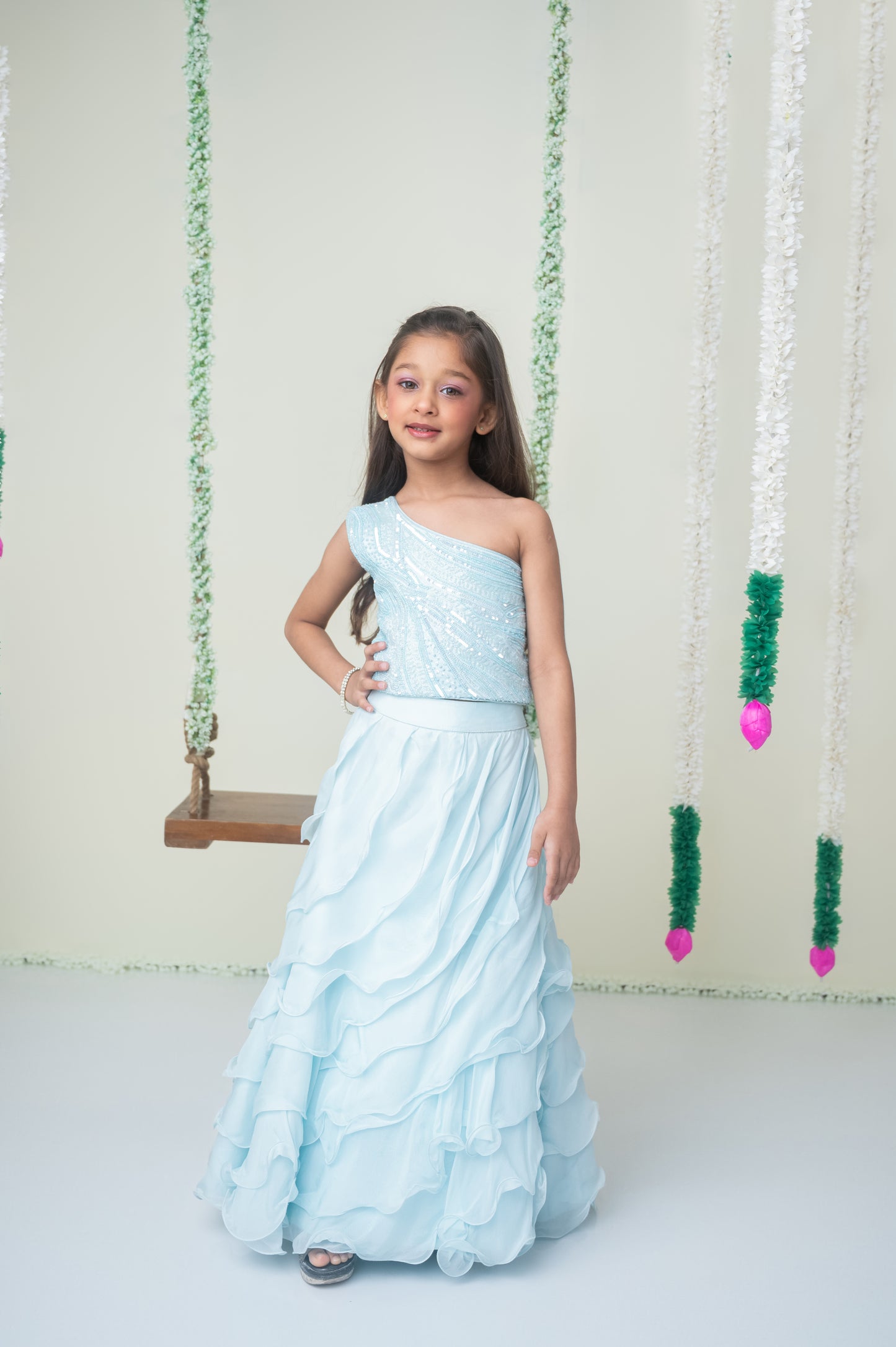 Ice Blue One-Shoulder Ghagra