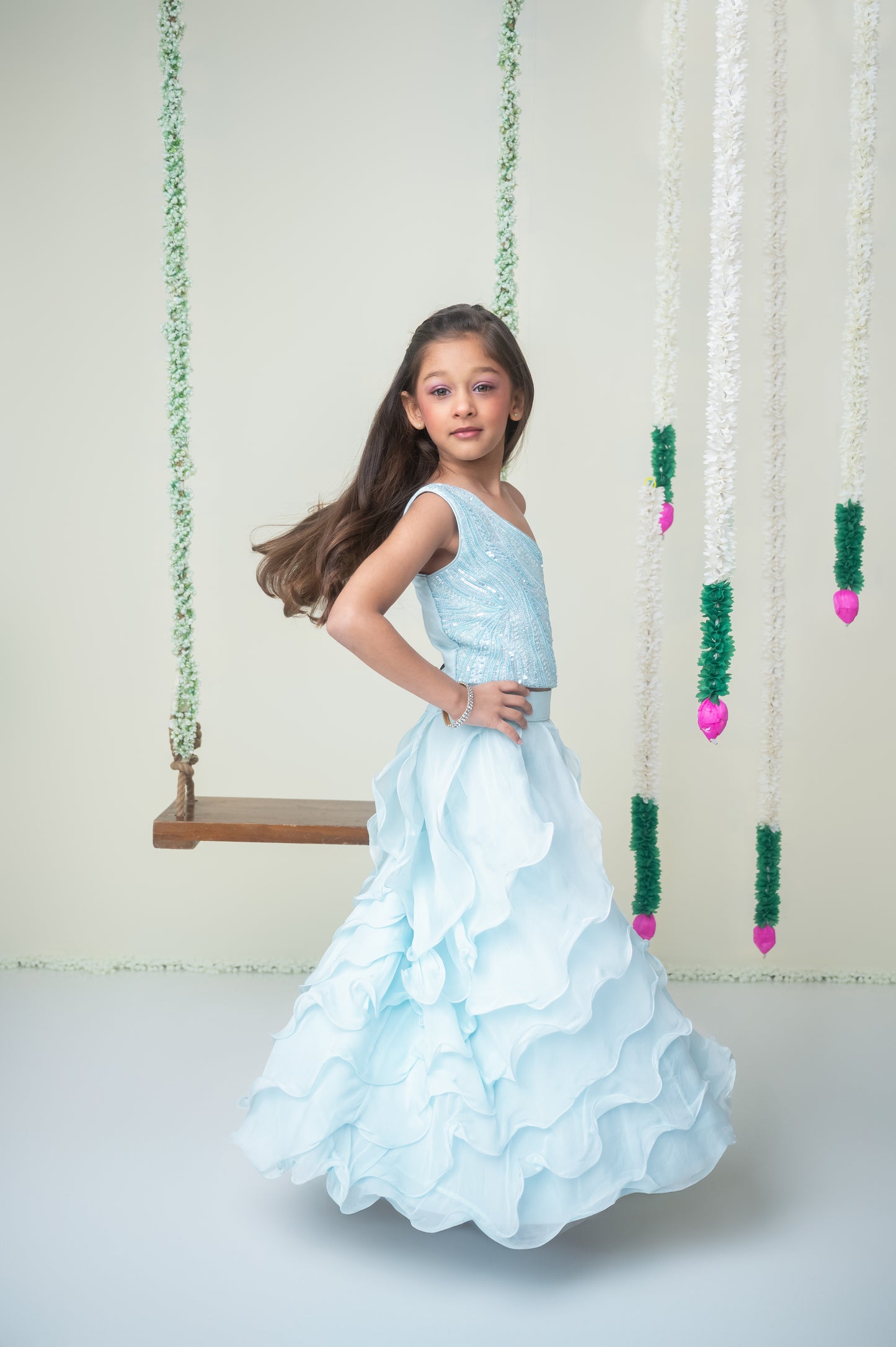 Ice Blue One-Shoulder Ghagra