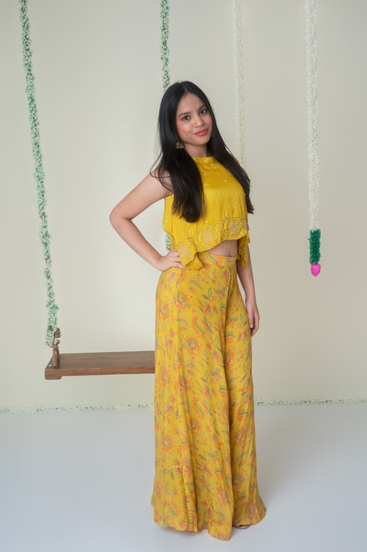 Yellow Asymmetric Halter Palazzo Set