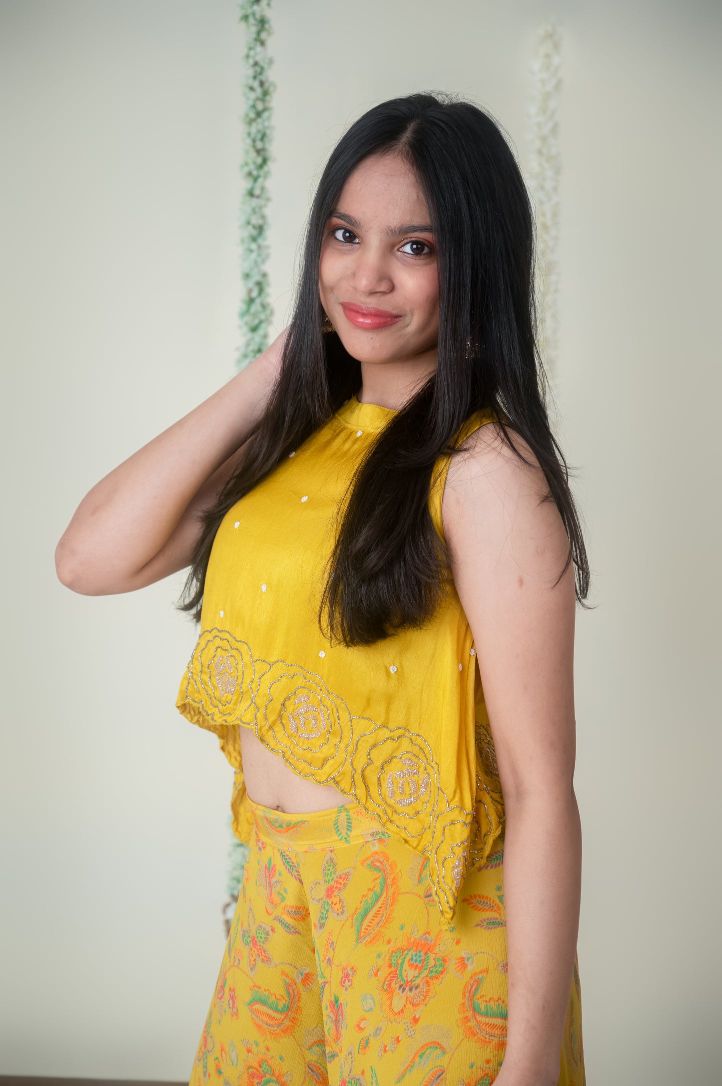 Yellow Asymmetric Halter Palazzo Set