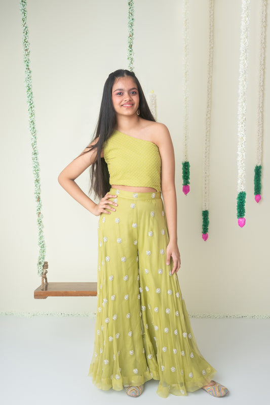 Lime Glow – One Shoulder Palazzo Set