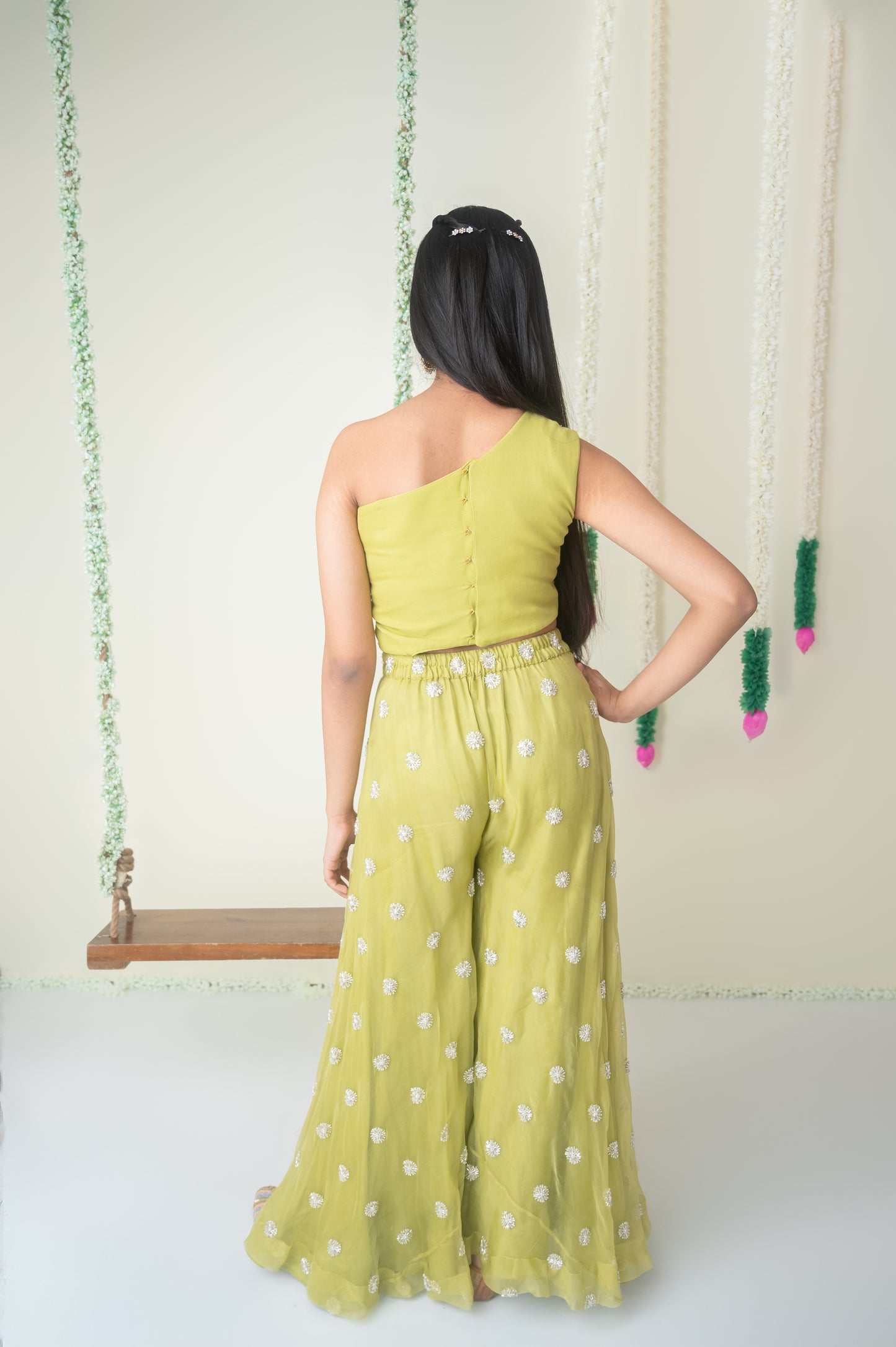 Lime Glow – One Shoulder Palazzo Set