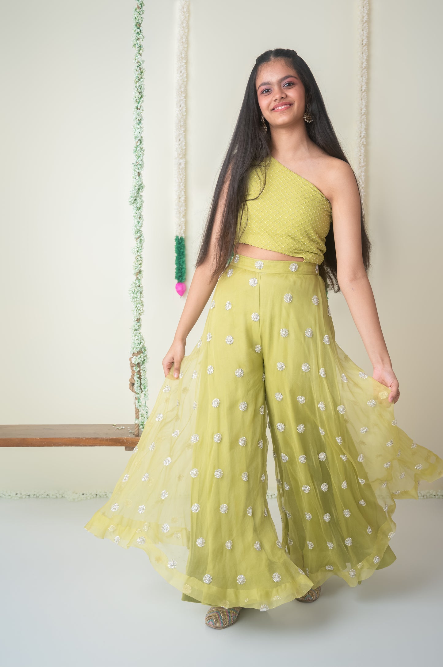 Lime Glow – One Shoulder Palazzo Set