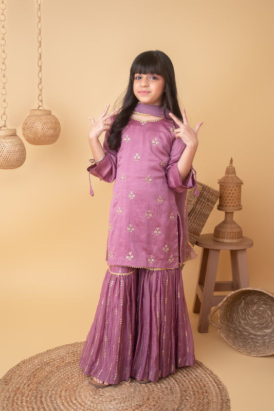 Purple Hand Embroidered Kurti Garara Set