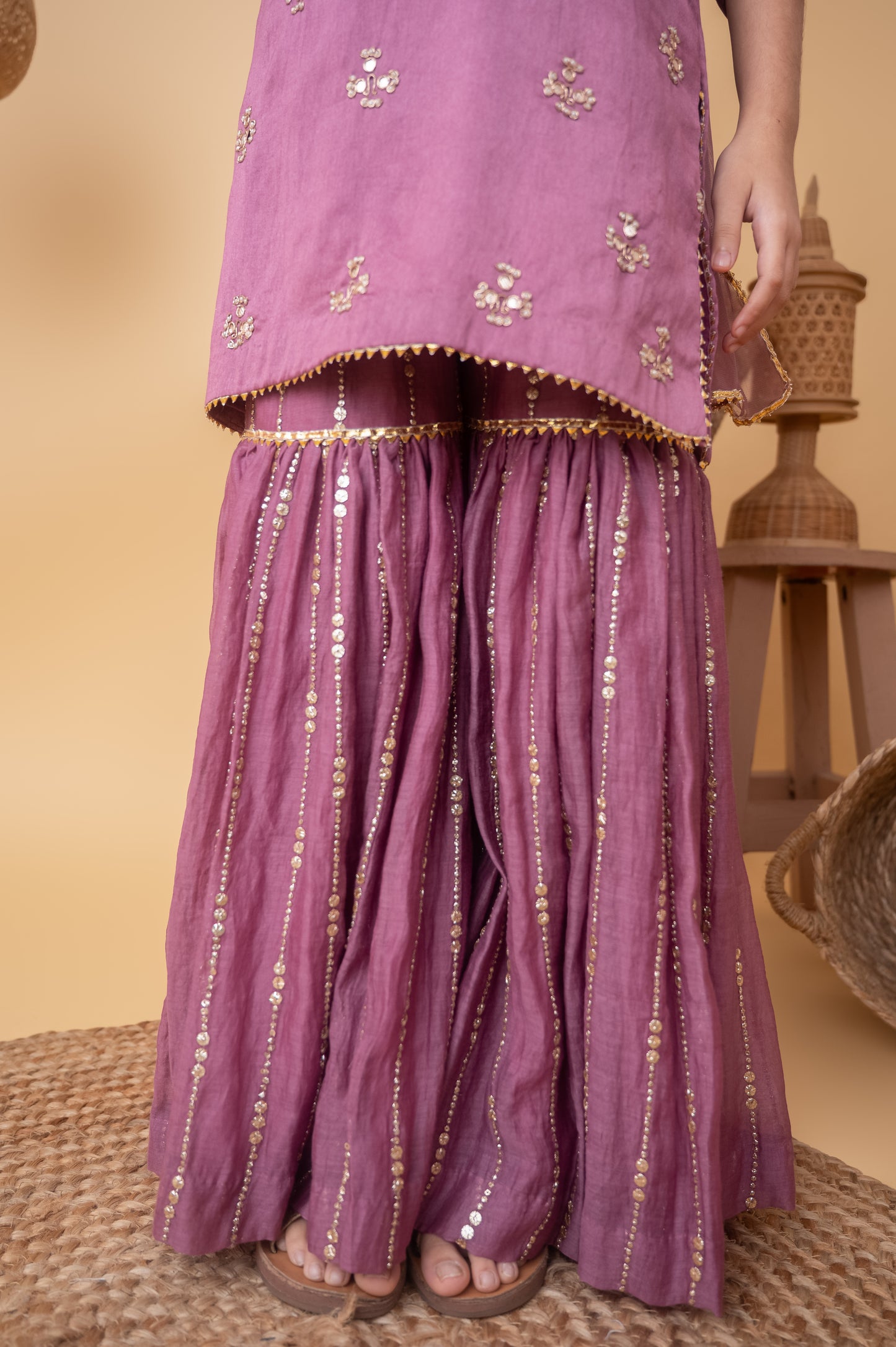 Purple Hand Embroidered Kurti Garara Set