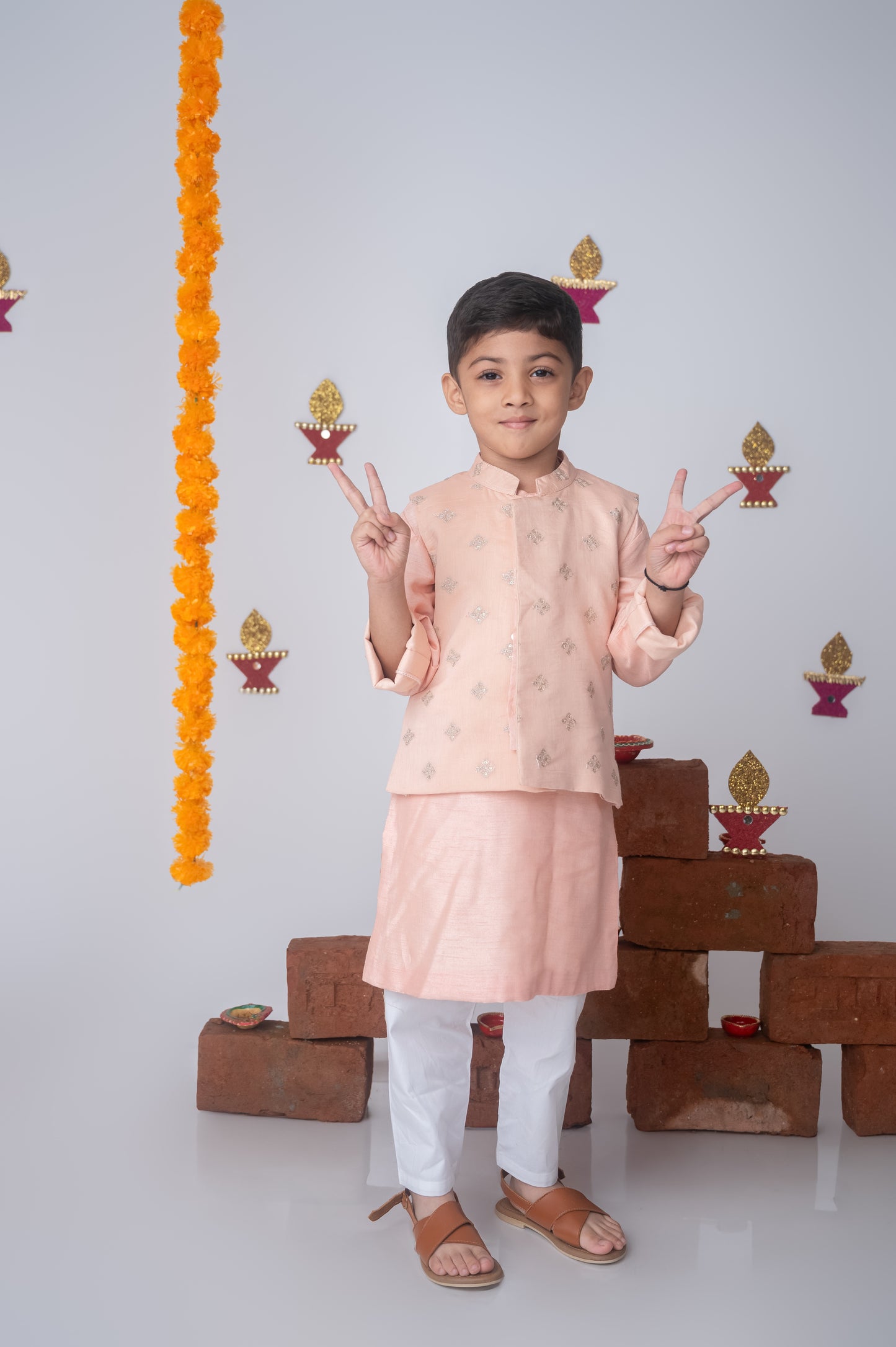 Peach Silk Kurta with Mul Chanderi Bundi Set