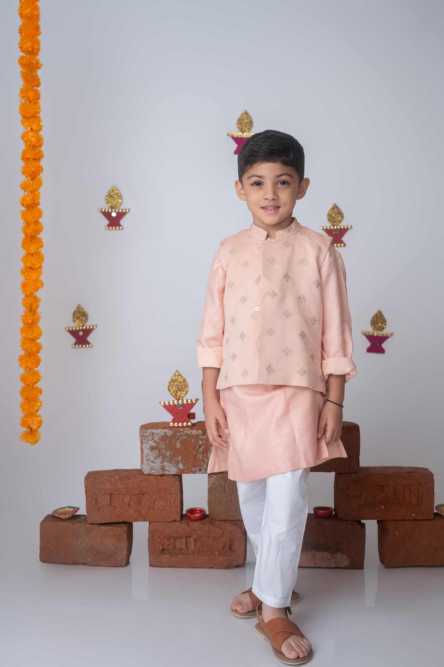 Peach Silk Kurta with Mul Chanderi Bundi Set