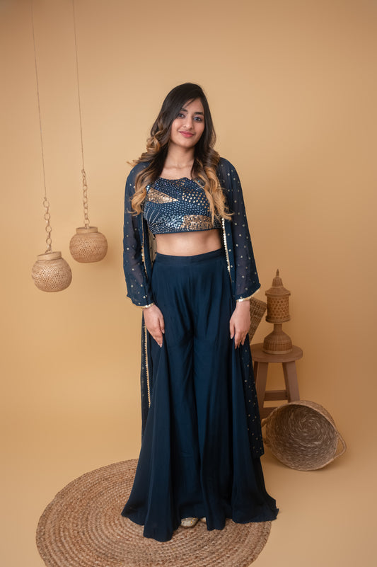 Blue Royale Embroidered Top with Booti Jacket