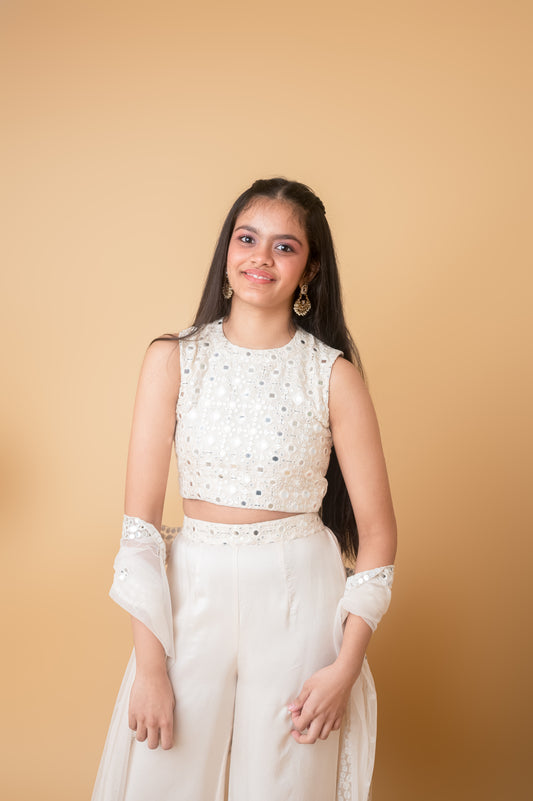 Ivory Radiance Mirror Halter Top with Flared Pants