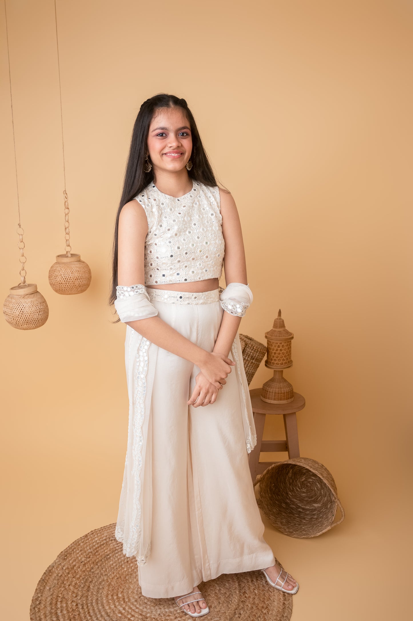 Ivory Radiance Mirror Halter Top with Flared Pants