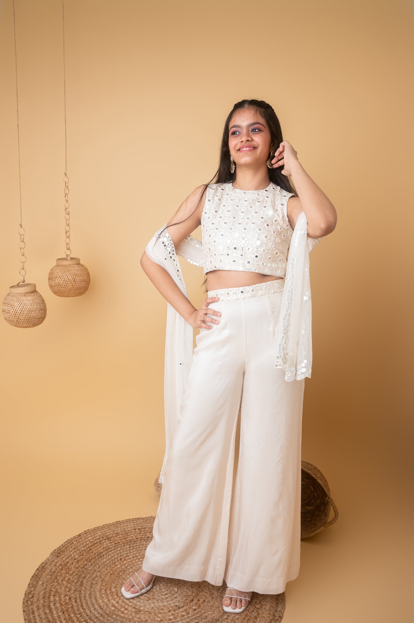 Ivory Radiance Mirror Halter Top with Flared Pants