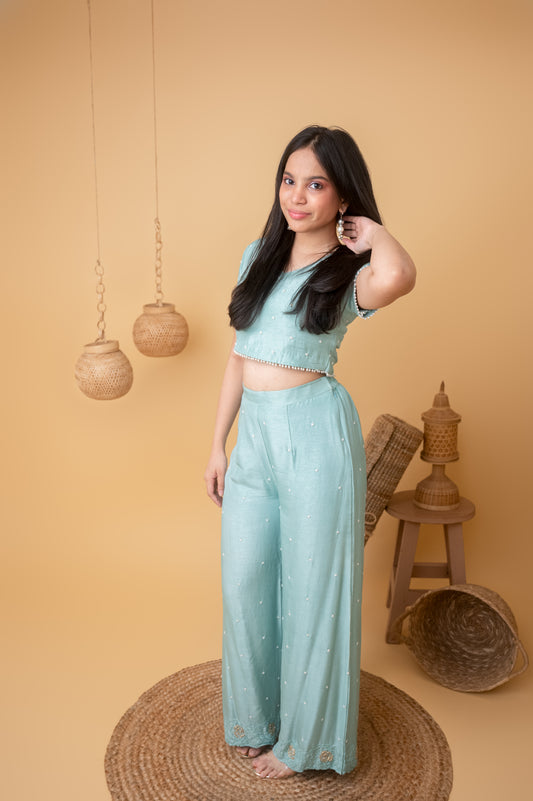 Aqua Elegance Pearl Booti V-Neck Set