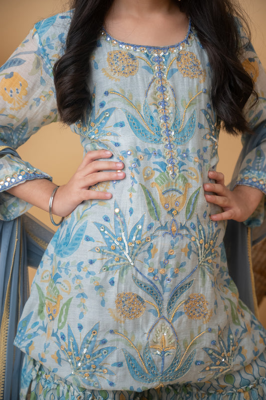 Blue Mul Chanderi Kurta Garara Set