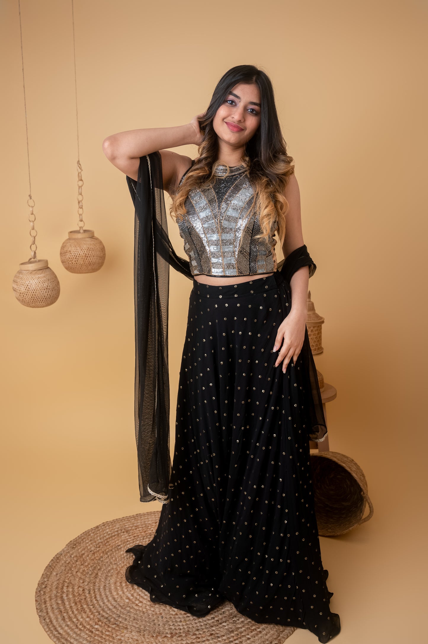 Black Cutdana Halter Neck Ghagra Set