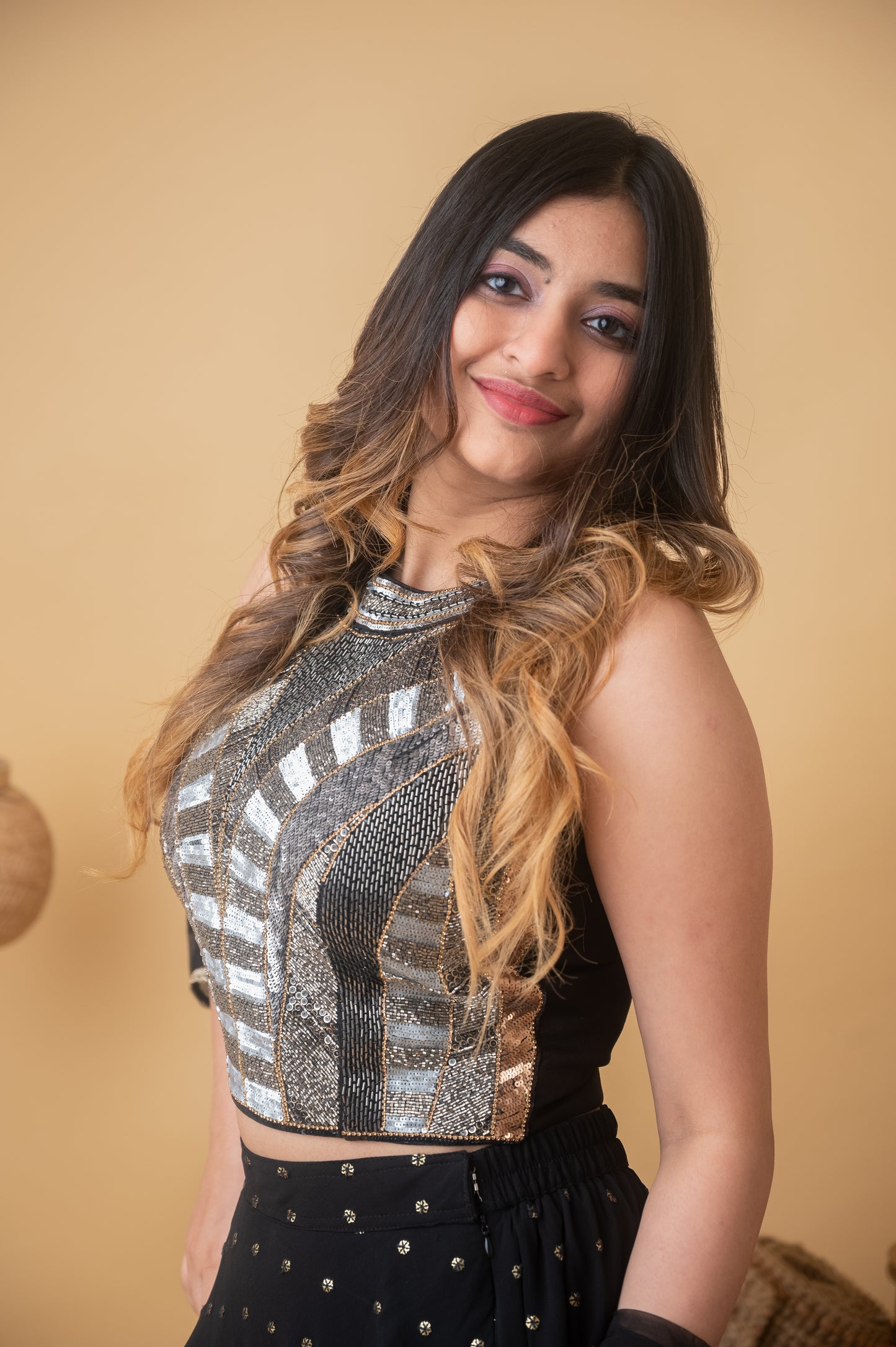 Black Cutdana Halter Neck Ghagra Set