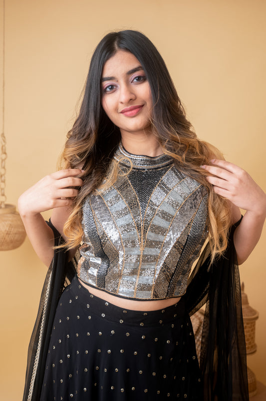 Black Cutdana Halter Neck Ghagra Set