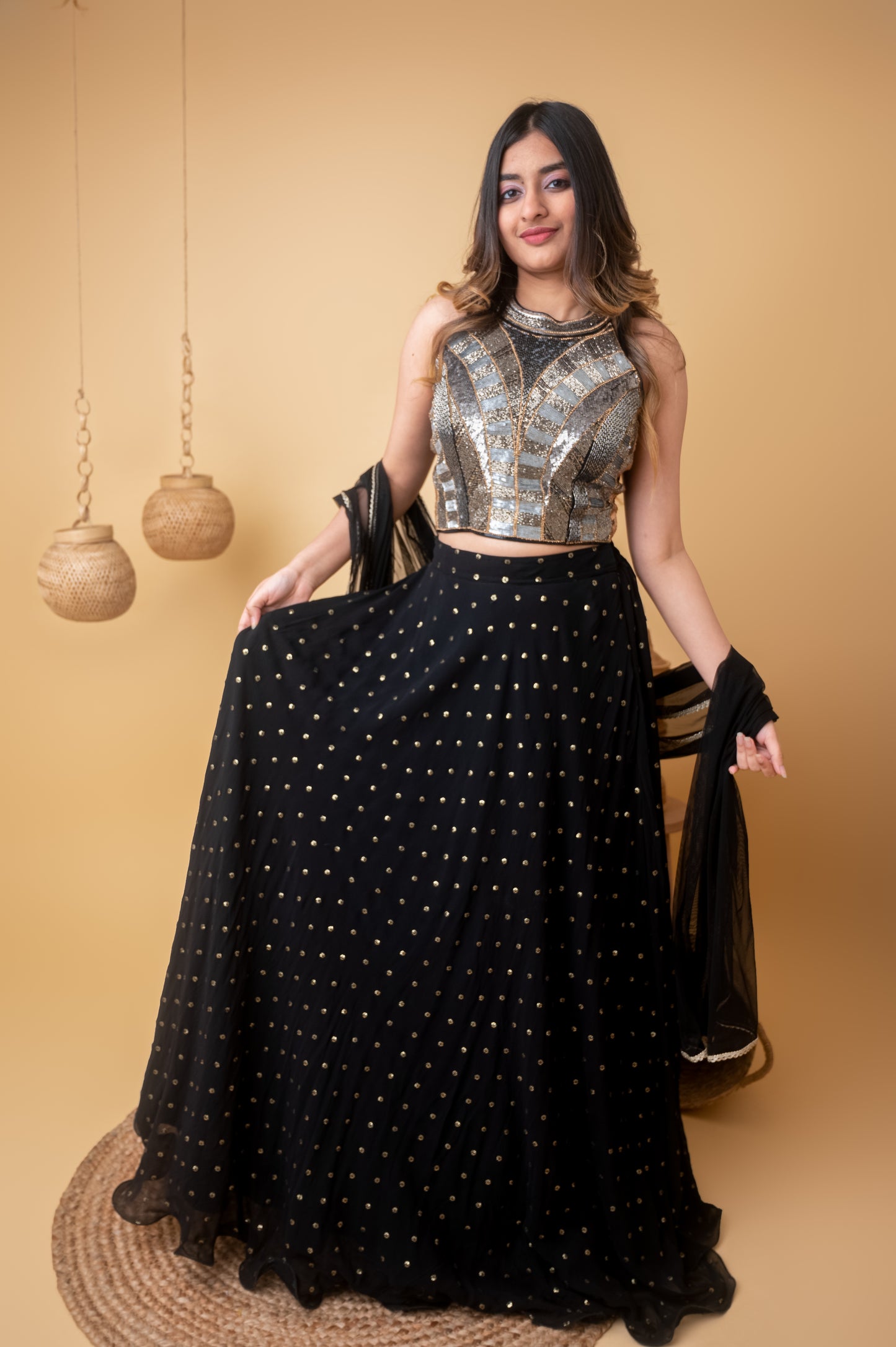 Black Cutdana Halter Neck Ghagra Set