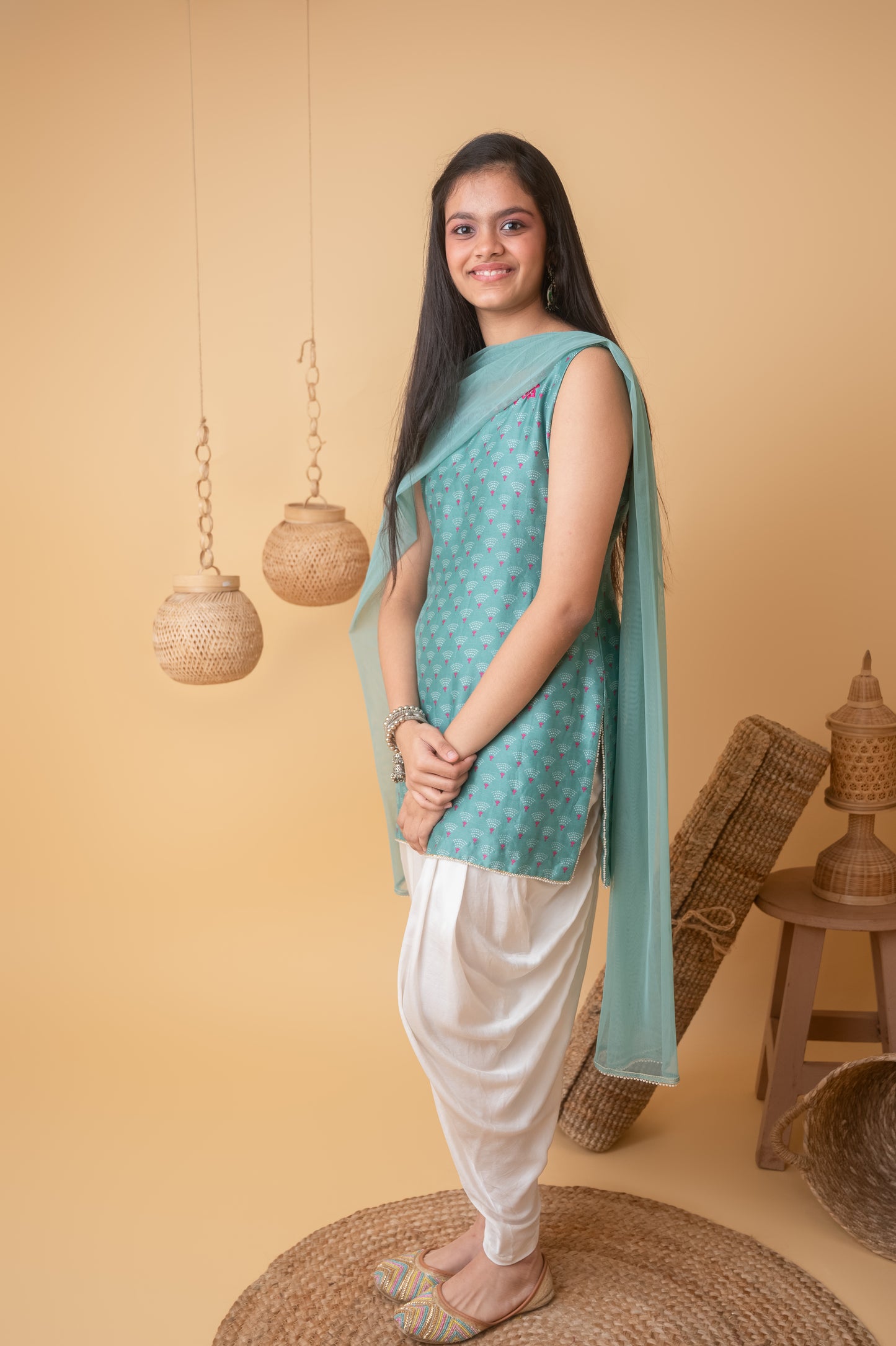 Green Mirror Charm Kurti & Dhoti Set