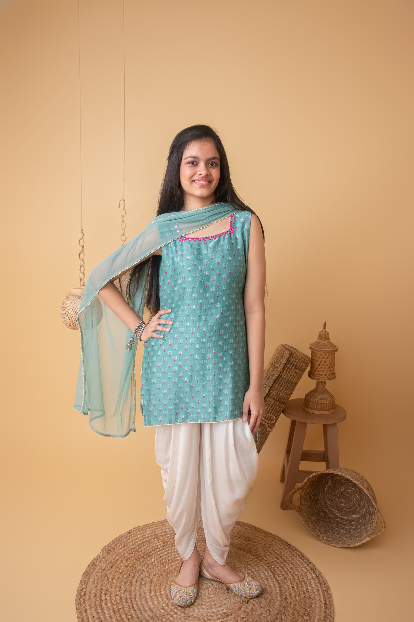 Green Mirror Charm Kurti & Dhoti Set