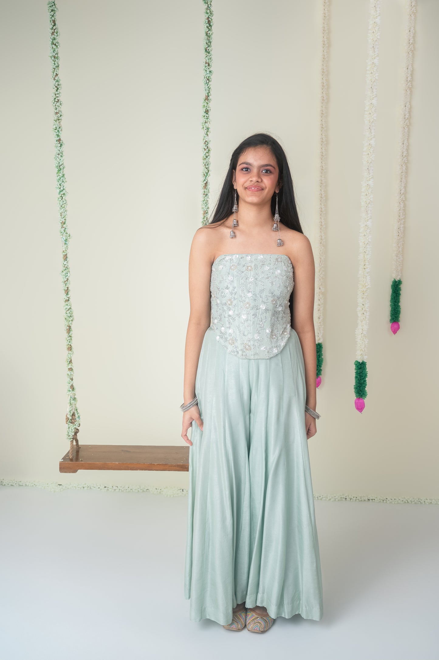 Mint Blue Shimmer Corset Palazzo Set