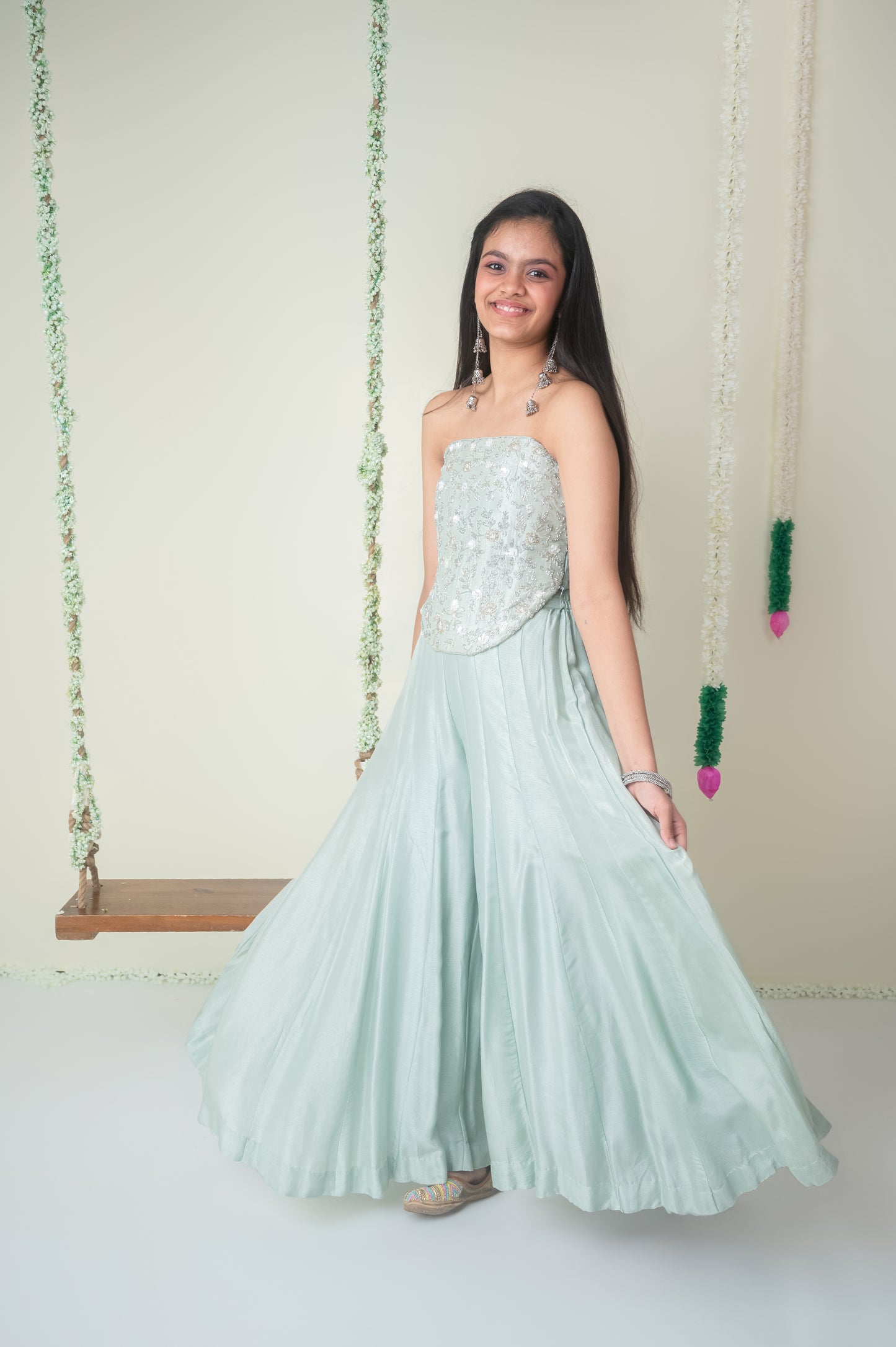 Mint Blue Shimmer Corset Palazzo Set