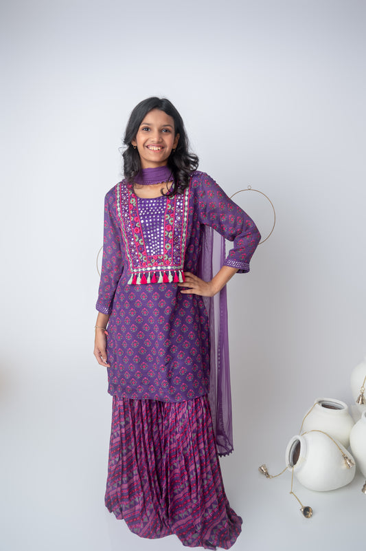 Purple Printed Muslin Kurta with Garara and Tassel Details