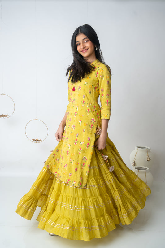 Yellow Silk & Muslin Kurti with Attached Flared Skirt
